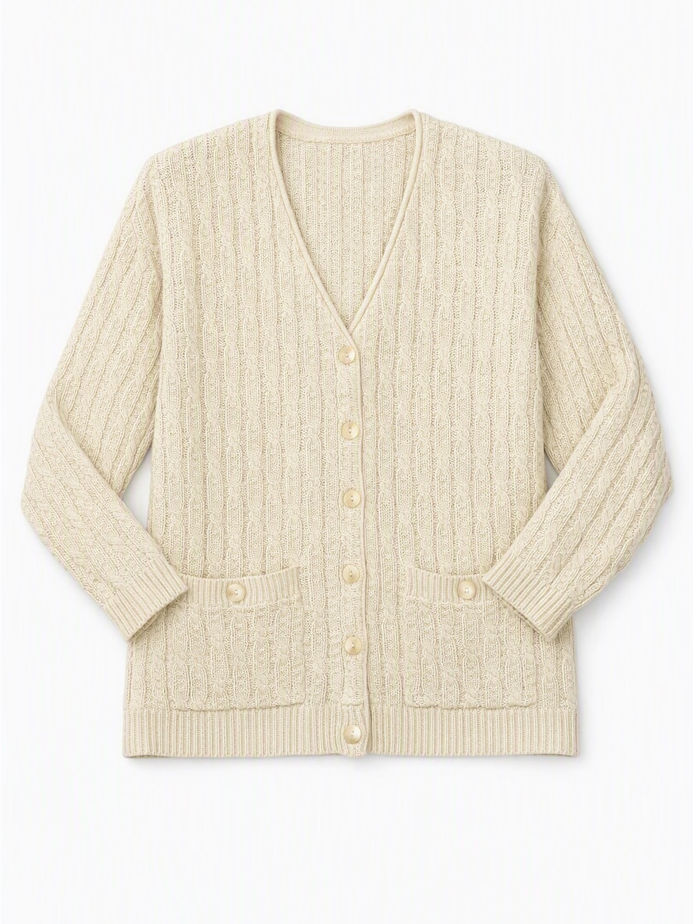 Vintage Jeanette Peters Irish Cotton Cardigan Cream Cable Knit Made Ireland (S)